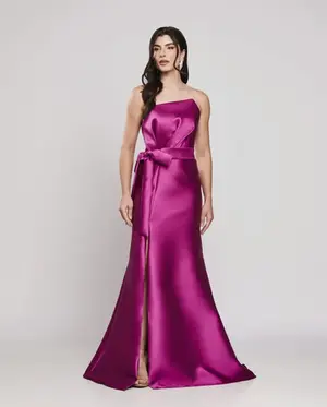 VESTIDO LONGO ZIBELINE TOMARA QUE CAIA ASSIMETRICO C/ FAIXA