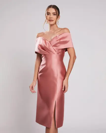 VESTIDO MIDI ZIBELINE OMBRO A OMBRO DRAPEADO C/ FENDA