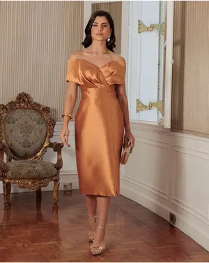 VESTIDO MIDI ZIBELINE OMBRO A OMBRO DRAPEADO C/ FENDA