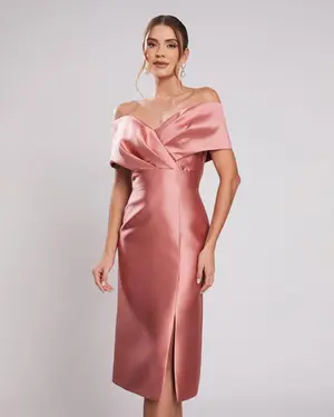 VESTIDO MIDI ZIBELINE OMBRO A OMBRO DRAPEADO C/ FENDA