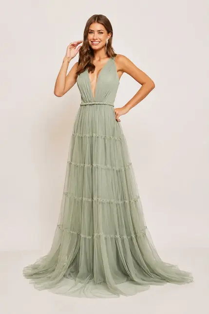 VESTIDO LONGO ALÇA FINA DECOTE PROFUNDO TRANÇA CINTURA