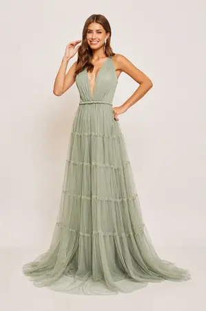 VESTIDO LONGO ALÇA FINA DECOTE PROFUNDO TRANÇA CINTURA