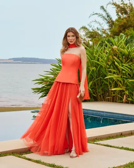 VESTIDO LONGO SAIA TULE TOMARA QUE CAIA C/ ECHARPE