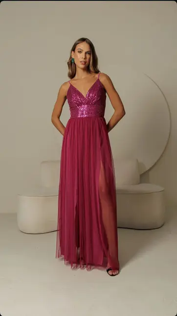 VESTIDO LONGO PAETE BUSTO COM SAIA DE TULE