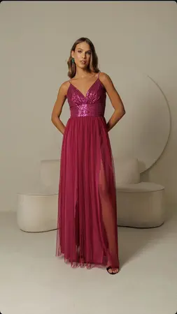VESTIDO LONGO PAETE BUSTO COM SAIA DE TULE