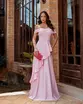 VESTIDO LONGO ACETINADO OMBRO A OMBRO BABADOS NA SAIA