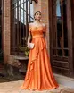 VESTIDO LONGO ACETINADO OMBRO A OMBRO BABADOS NA SAIA