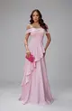 VESTIDO LONGO ACETINADO OMBRO A OMBRO BABADOS NA SAIA