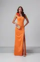 VESTIDO LONGO ACETINADO UM OMBRO SO C/FLOR E FENDA