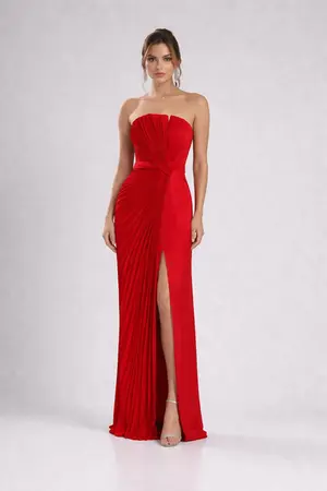 VESTIDO LONGO TOMARA QUE CAIA PRADA PLISSADO UM LADO C/ FENDA