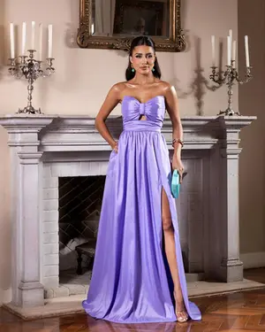 VESTIDO LONGO TAFETA TOMARA QUE CAIA LAÇO NO BUSTO COM FENDA