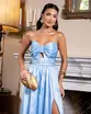 VESTIDO LONGO TAFETA TOMARA QUE CAIA LAÇO NO BUSTO COM FENDA