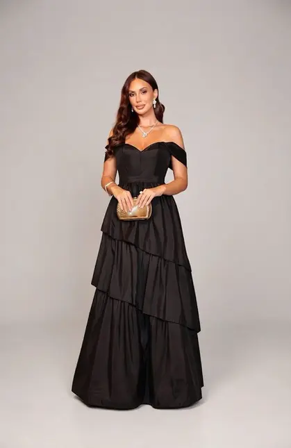 VESTIDO LONGO TAFETA OMBRO A OMBRO SAIA CAMADAS