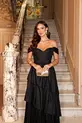 VESTIDO LONGO TAFETA OMBRO A OMBRO SAIA CAMADAS