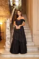 VESTIDO LONGO TAFETA OMBRO A OMBRO SAIA CAMADAS