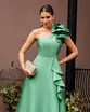 VESTIDO LONGO ZIBELINE UM OMBRO SÓ SAIA BABADOS
