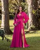 VESTIDO LONGO DE CREPE MUSSELINE COM ALÇA FINA MANGA REMOVÍVEL