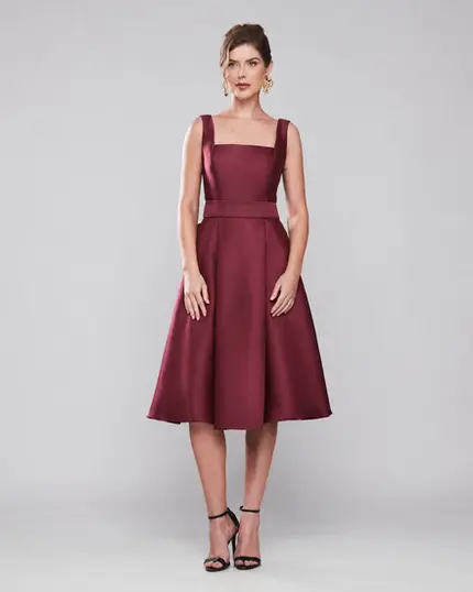 VESTIDO MIDI ZIBELINE DECOTE QUADRADO SAIA EVASE