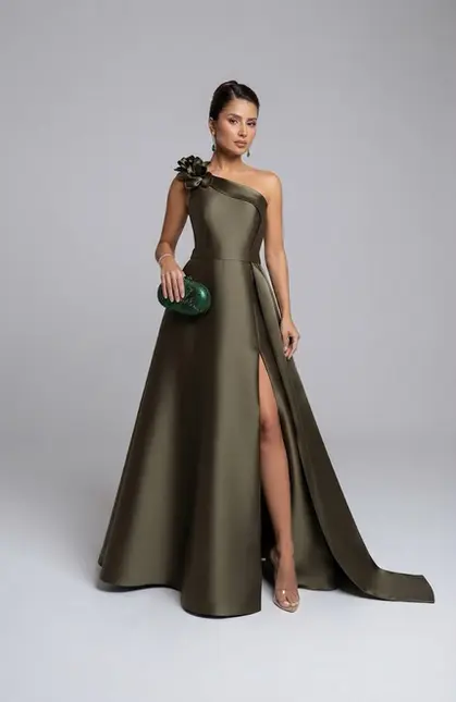 VESTIDO LONGO ZIBELINE UM  OMBRO SÓ COM FLOR C/ FENDA