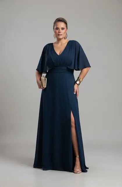 VESTIDO LONGO CREPE MANGA CURTA C/ FENDA E FAIXA