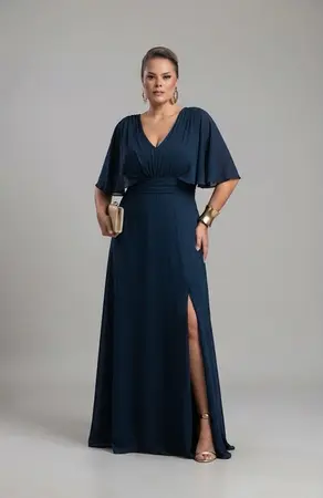 VESTIDO LONGO CREPE MANGA CURTA C/ FENDA E FAIXA