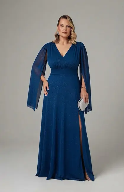 VESTIDO LONGO LUREX CAPA COM FENDA