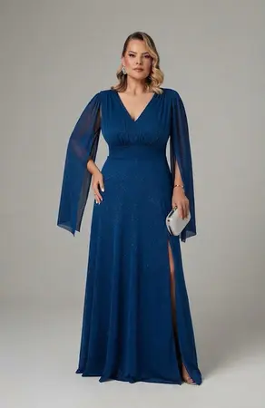 VESTIDO LONGO LUREX CAPA COM FENDA