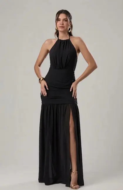 VESTIDO LONGO JUSTO FRENTE UNICA CHIFFON