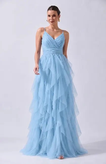 VESTIDO LONGO ALÇA FINA BABADO TULE