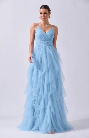 VESTIDO LONGO ALÇA FINA BABADO TULE