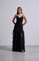 VESTIDO LONGO JUSTO BABADO C/ CAPA TULE