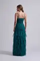 VESTIDO LONGO JUSTO BABADO C/ CAPA TULE