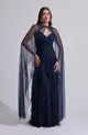 VESTIDO LONGO JUSTO BABADO C/ CAPA TULE