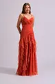 VESTIDO LONGO JUSTO BABADO C/ CAPA TULE