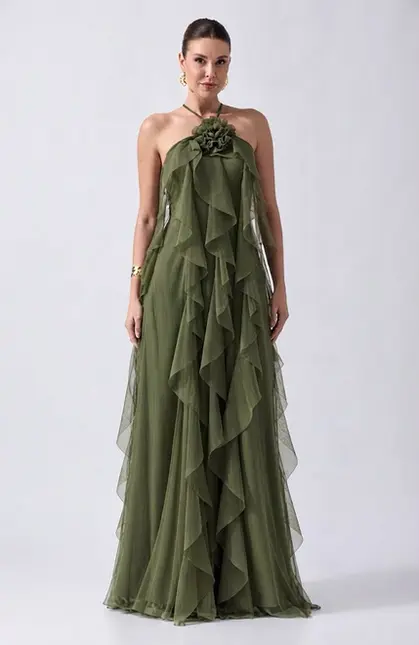 VESTIDO LONGO FRENTE ÚNICA CAMADAS TULE C/ FLOR