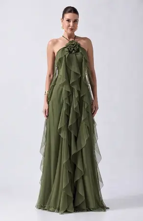 VESTIDO LONGO FRENTE ÚNICA CAMADAS TULE C/ FLOR