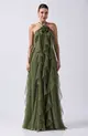 VESTIDO LONGO FRENTE ÚNICA CAMADAS TULE C/ FLOR