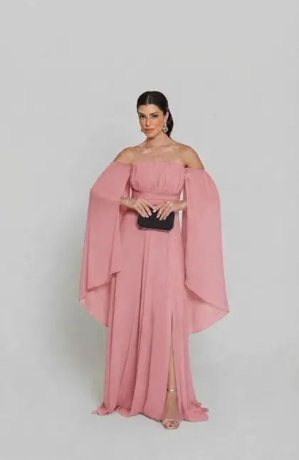 VESTIDO LONGO CHIFFON MANGA CAPA