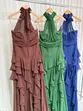 VESTIDO LONGO CHIFFON FRENTE ÚNICA BABADO SORI