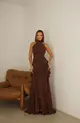 VESTIDO LONGO CHIFFON FRENTE ÚNICA BABADO SORI