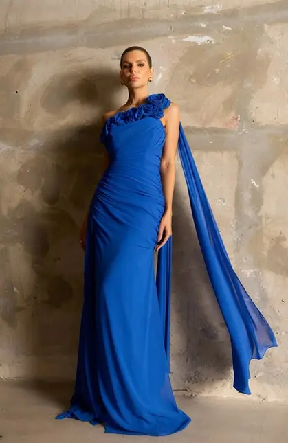VESTIDO LONGO DRAPEADO CHIFFON CAPA FLORES SORI