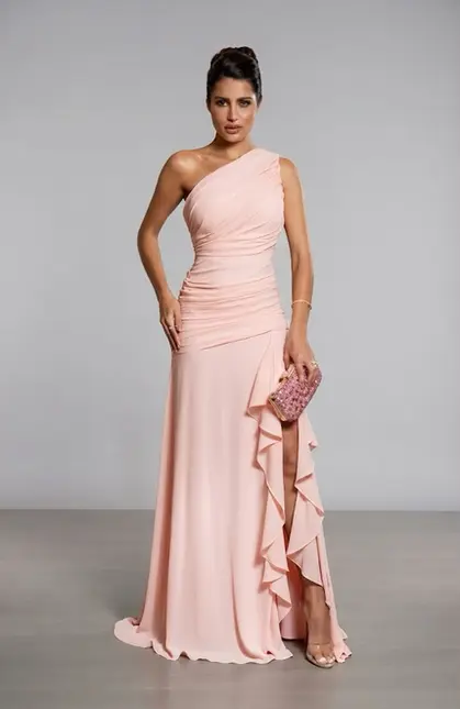 VESTIDO LONGO UM OMBRO DRAPEADO CHIFFON