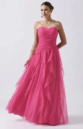 VESTIDO LONGO TULE BUSTO DRAPEADO SAIA CASCATA