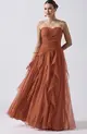 VESTIDO LONGO TULE BUSTO DRAPEADO SAIA CASCATA