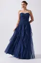 VESTIDO LONGO TULE BUSTO DRAPEADO SAIA CASCATA
