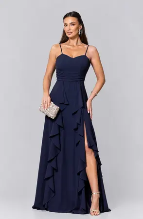VESTIDO LONGO CREPE ALÇA FINA SAIA C/ BABADO COSTAS TRANÇADO