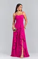 VESTIDO LONGO CREPE ALÇA FINA SAIA C/ BABADO COSTAS TRANÇADO