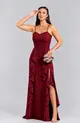 VESTIDO LONGO CREPE ALÇA FINA SAIA C/ BABADO COSTAS TRANÇADO
