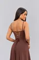 VESTIDO LONGO CREPE ALÇA FINA SAIA C/ BABADO COSTAS TRANÇADO