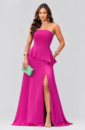 VESTIDO LONGO CREPE TOMARA QUE CAIA PEPLUM TRANÇADO NAS COSTAS